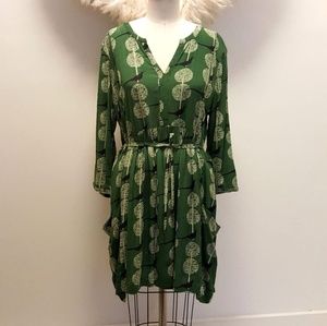 Anthropologie Green Bird Dress w/ liner & belt